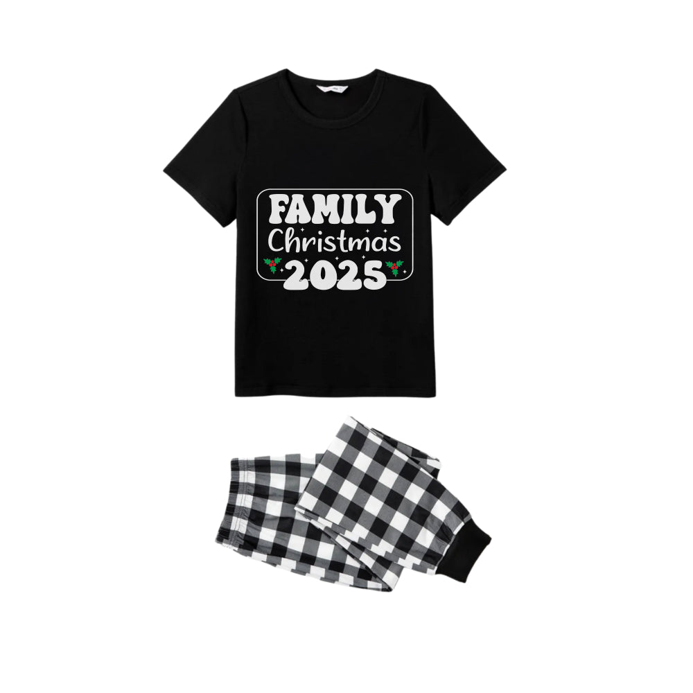 Black and White Plaid Short Sleeve Christmas Pajamas Set With Holiday Slogan Print
