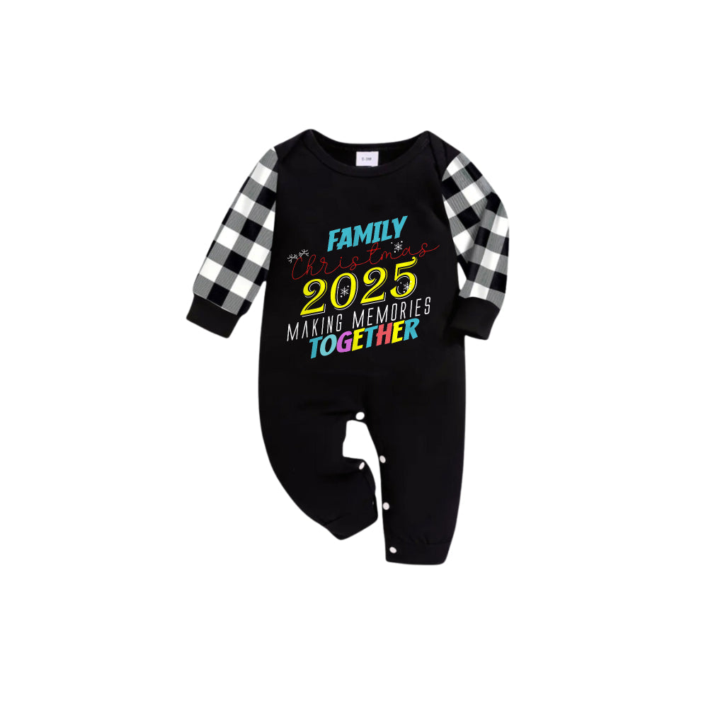 Black and White Plaid Short Sleeve Christmas Pajamas Set With Snowflake & Festive Lettering