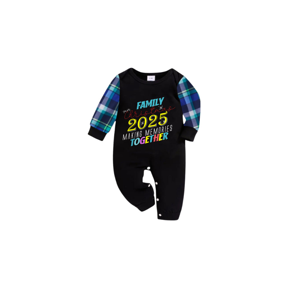 Blue and Green Plaid Christmas Pajamas Set With "FAMILY Christmas 2025 MAKING MEMORIES TOGETHER" Colorful Text Print