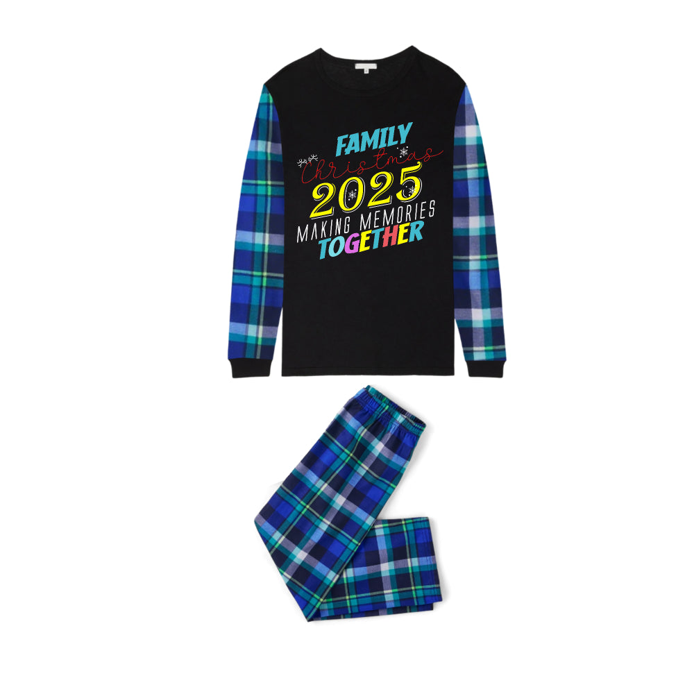 Blue and Green Plaid Christmas Pajamas Set With "FAMILY Christmas 2025 MAKING MEMORIES TOGETHER" Colorful Text Print