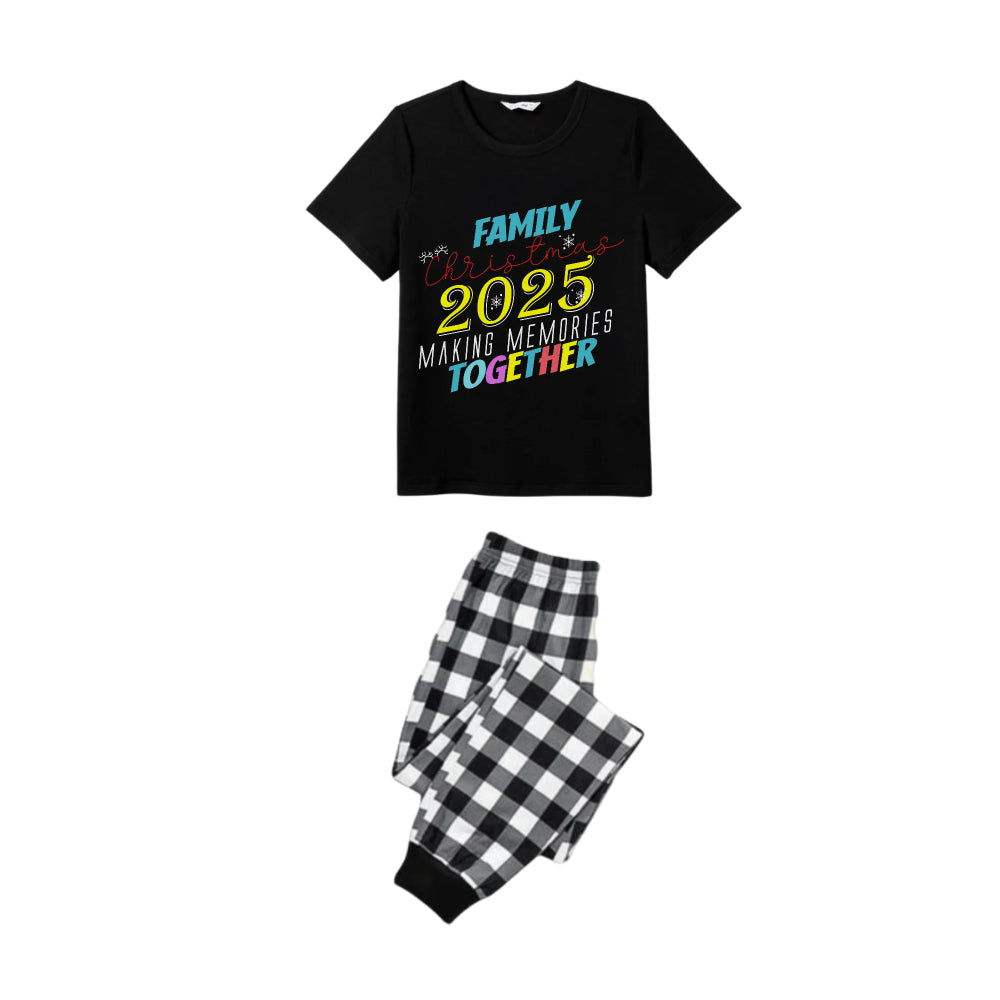 Black and White Plaid Short Sleeve Christmas Pajamas Set With Snowflake & Festive Lettering