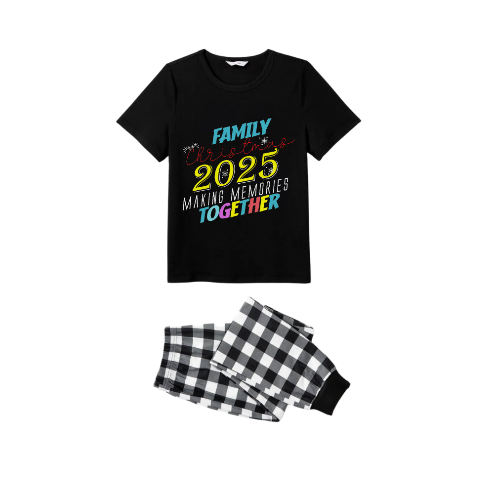 Black and White Plaid Short Sleeve Christmas Pajamas Set With Snowflake & Festive Lettering