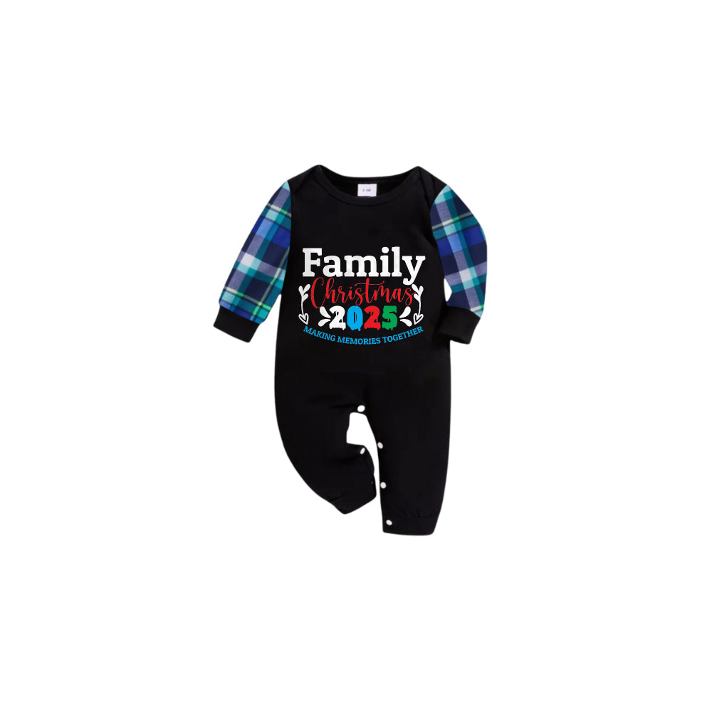 Blue and Green Plaid Christmas Pajamas Set With "FAMILY Christmas 2025" Colorful Text Print