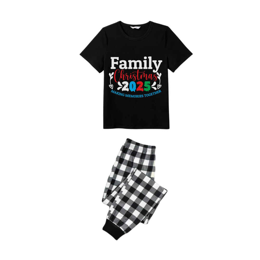 Black and White Plaid Short Sleeve Christmas Pajamas Set With Jolly Text