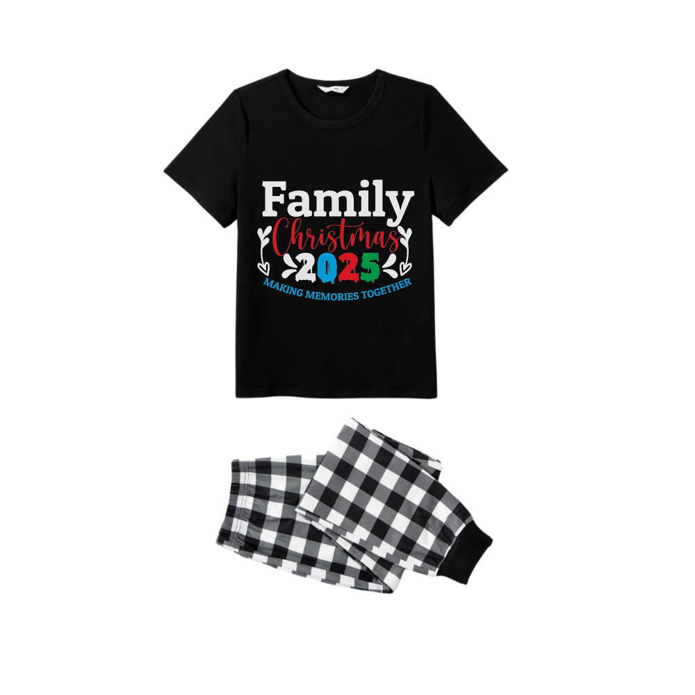 Black and White Plaid Short Sleeve Christmas Pajamas Set With Jolly Text