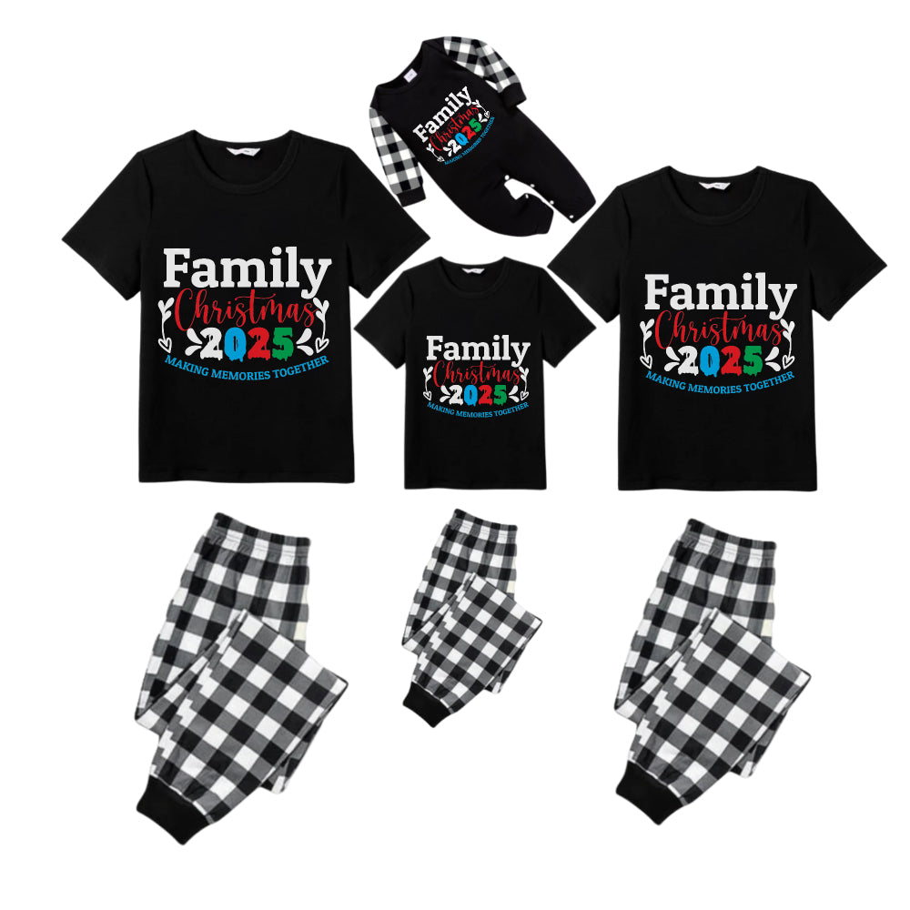 Black and White Plaid Short Sleeve Christmas Pajamas Set With Jolly Text