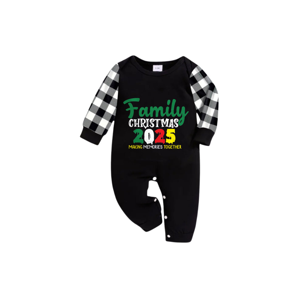 Black and White Plaid Short Sleeve Christmas Pajamas Set With Holiday Slogan Print