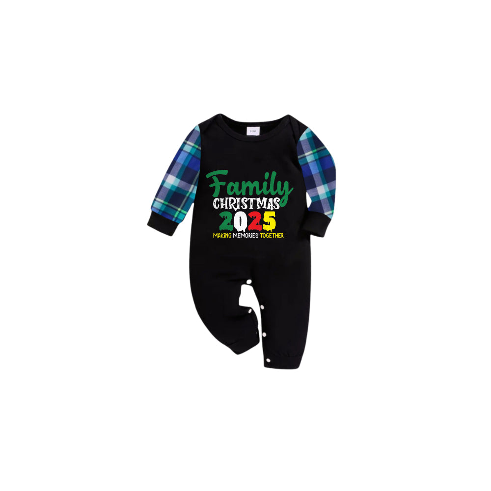 Blue and Green Plaid Christmas Pajamas Set With Making Memories Together and "FAMILY Christmas 2025" Text Print