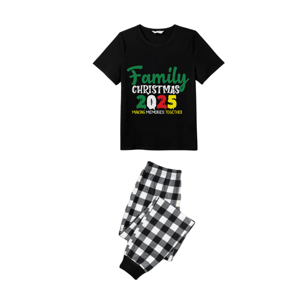 Black and White Plaid Short Sleeve Christmas Pajamas Set With Holiday Slogan Print