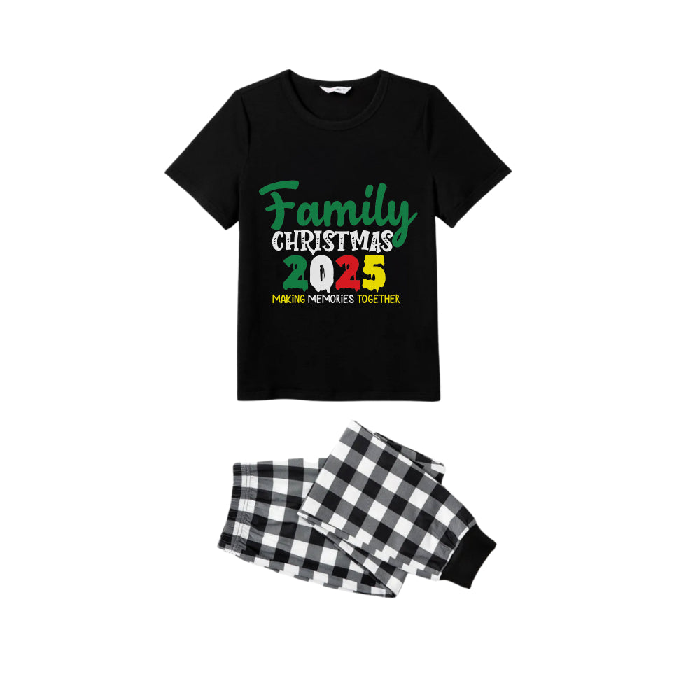 Black and White Plaid Short Sleeve Christmas Pajamas Set With Holiday Slogan Print