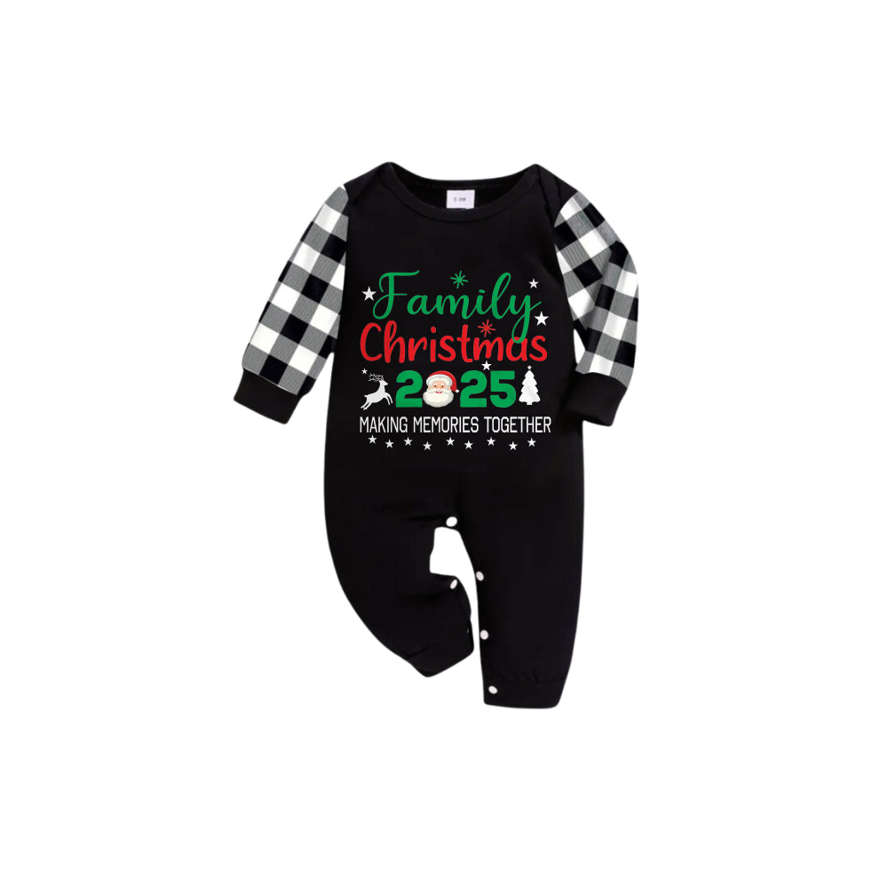 Black and White Plaid Short Sleeve Christmas Pajamas Set With Festive Pattern and Typography Design