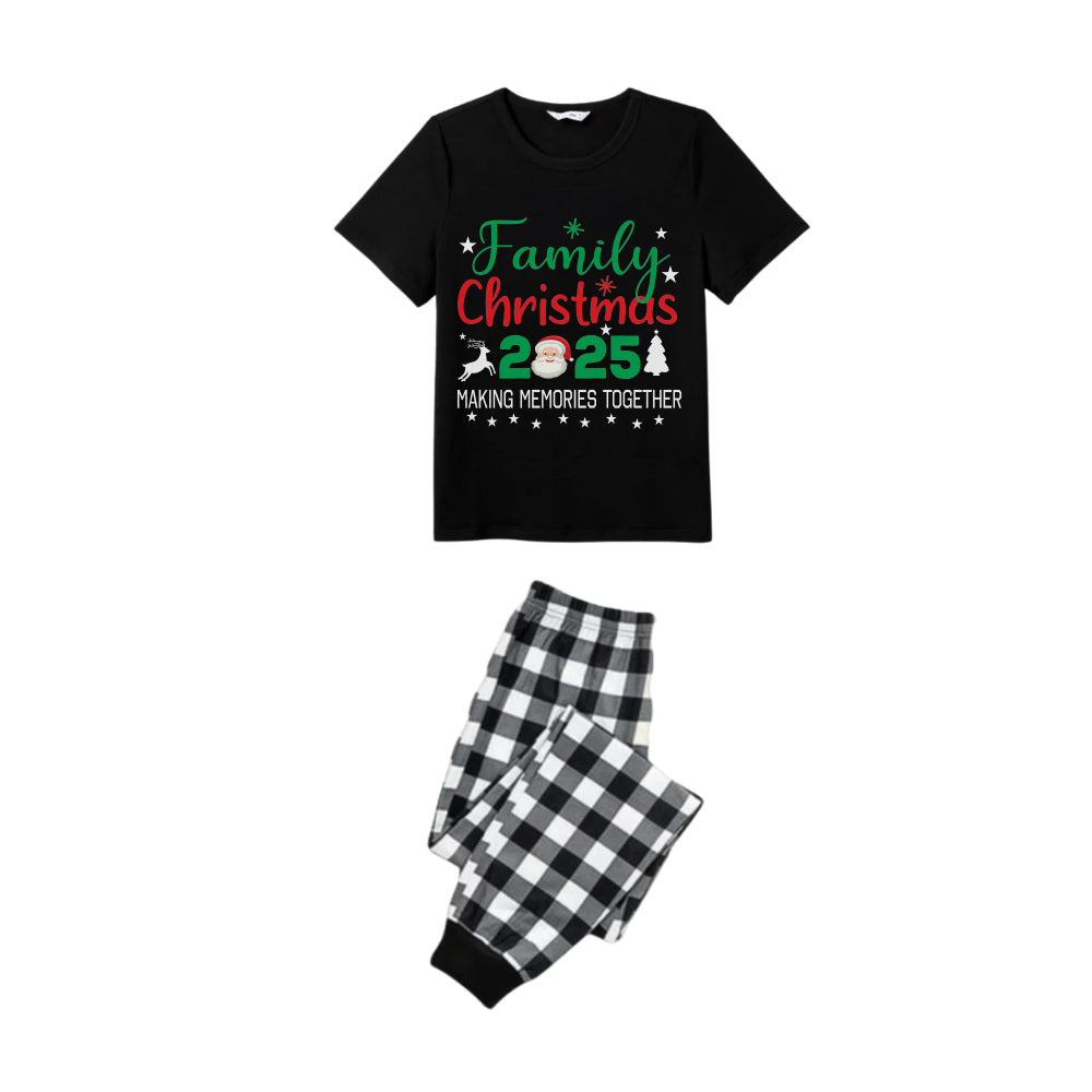 Black and White Plaid Short Sleeve Christmas Pajamas Set With Festive Pattern and Typography Design