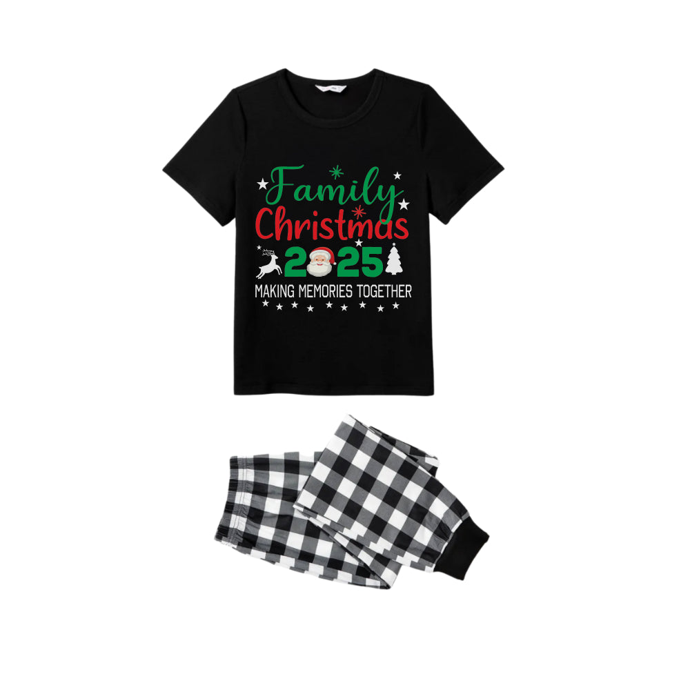Black and White Plaid Short Sleeve Christmas Pajamas Set With Festive Pattern and Typography Design