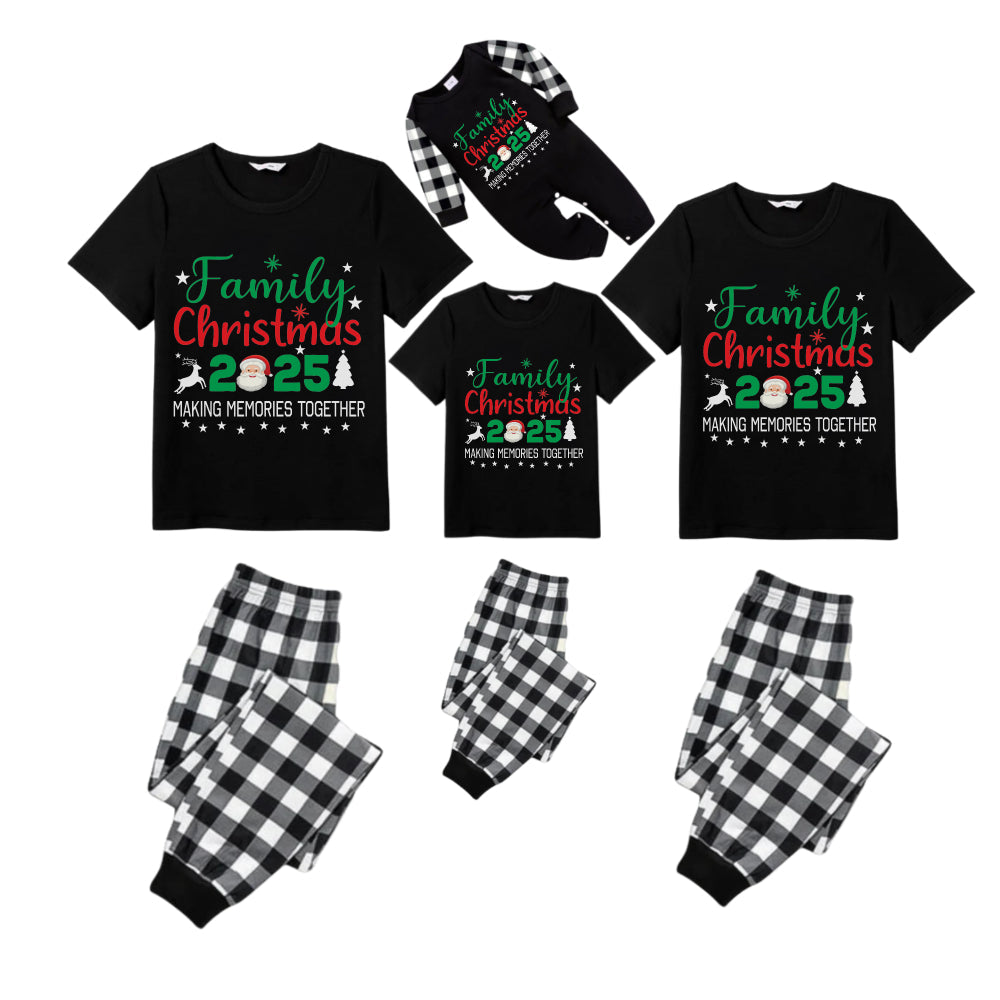 Black and White Plaid Short Sleeve Christmas Pajamas Set With Festive Pattern and Typography Design