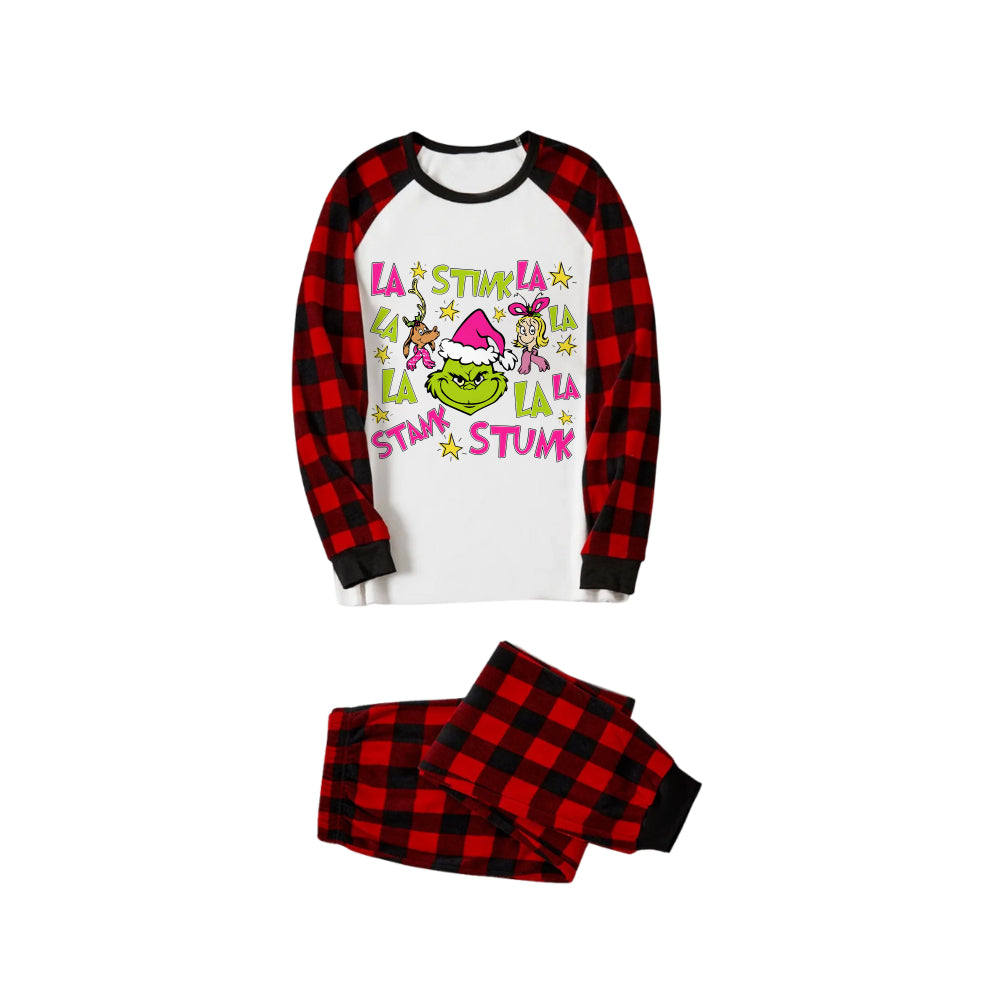 Red and Black Plaid Christmas Pajamas Set With Grinch and Christmas Cartoon Print