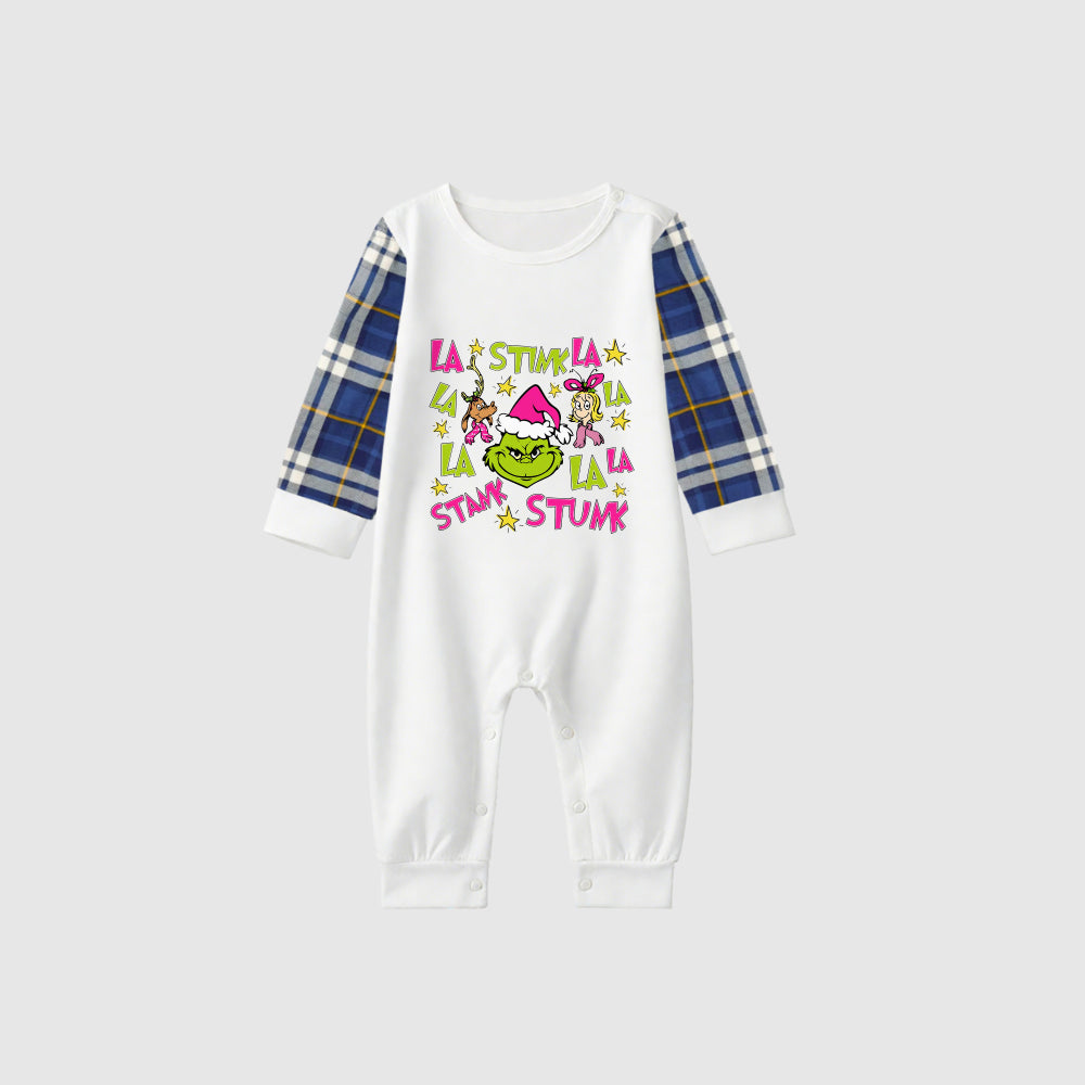 Christmas Family Matching Pajamas-Blue Raglan Top Blue Plaid Pants Pjs Set with Grinch Cartoon Print