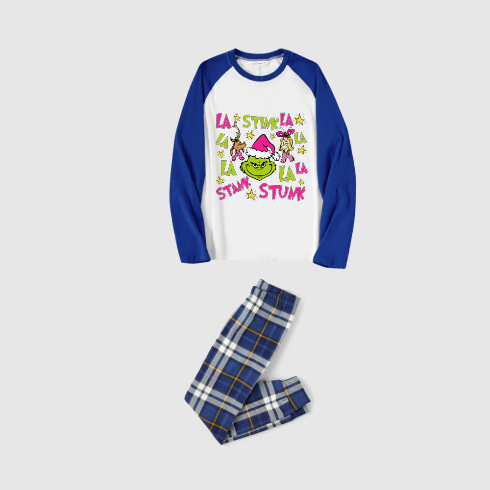 Christmas Family Matching Pajamas-Blue Raglan Top Blue Plaid Pants Pjs Set with Grinch Cartoon Print