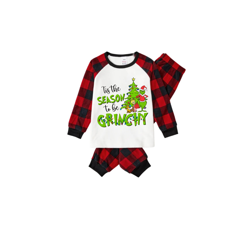 Red and Black Plaid Christmas Pajamas Set With "Tis The Season To Be Grinchy" Print