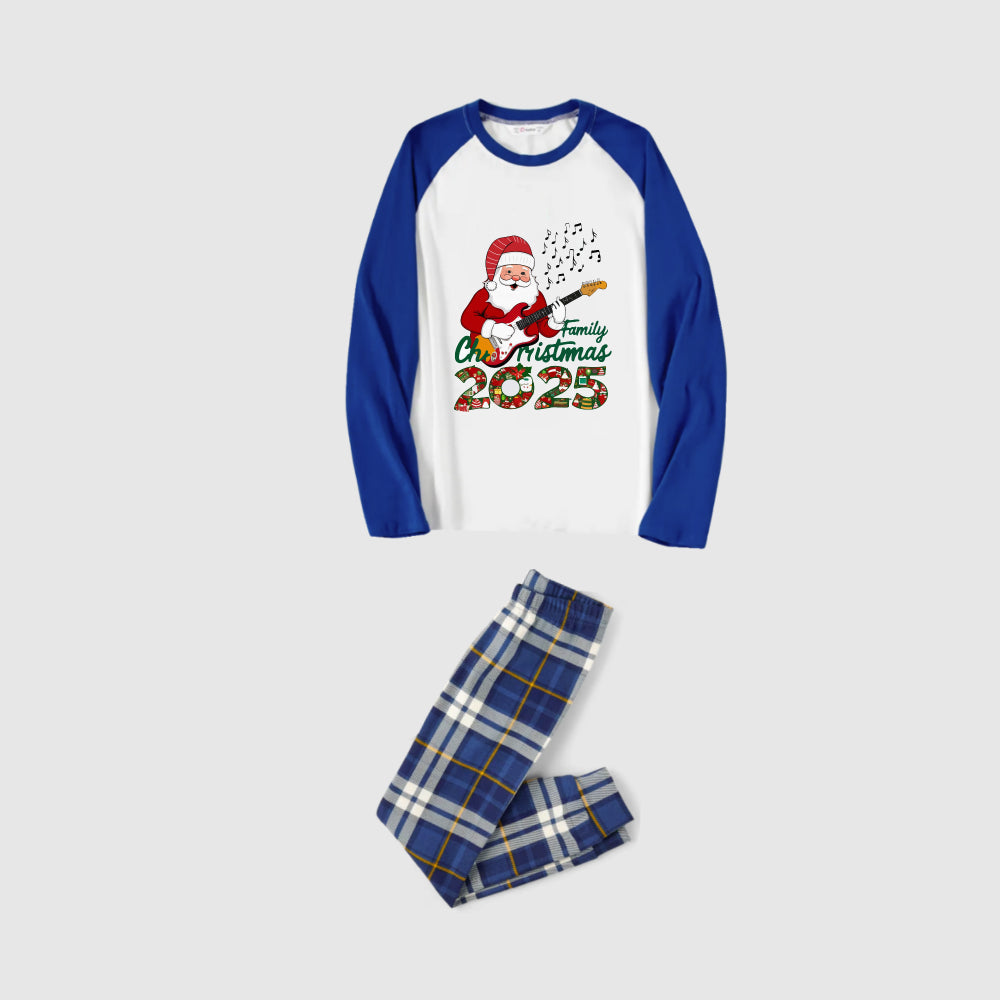 Christmas Family Matching Pajamas-Blue Raglan Top Blue Plaid Pants Pjs Set with Santa and "Family Christmas" Letter Print