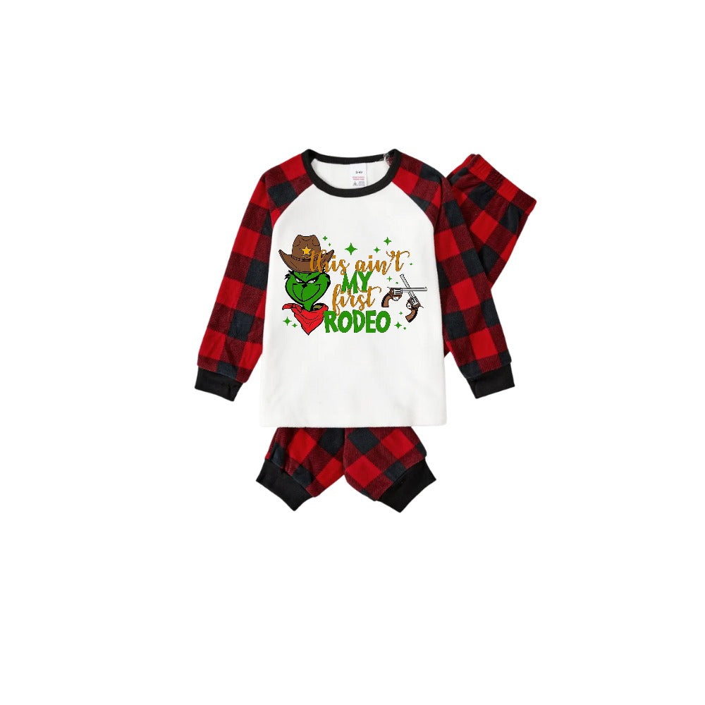Red and Black Plaid Christmas Pajamas Set With "This Ain't My First Rodeo" Cartoon Print