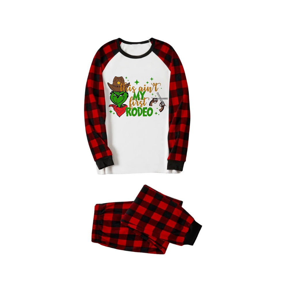 Red and Black Plaid Christmas Pajamas Set With "This Ain't My First Rodeo" Cartoon Print