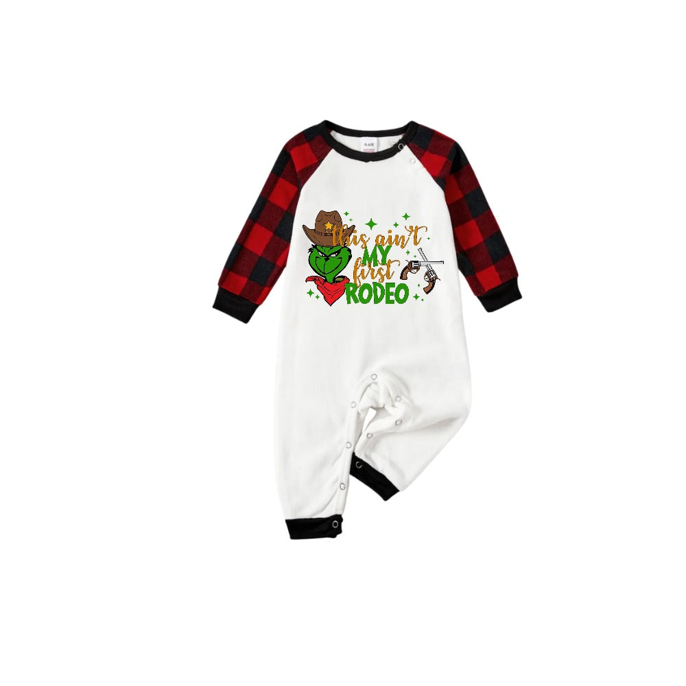 Red and Black Plaid Christmas Pajamas Set With "This Ain't My First Rodeo" Cartoon Print