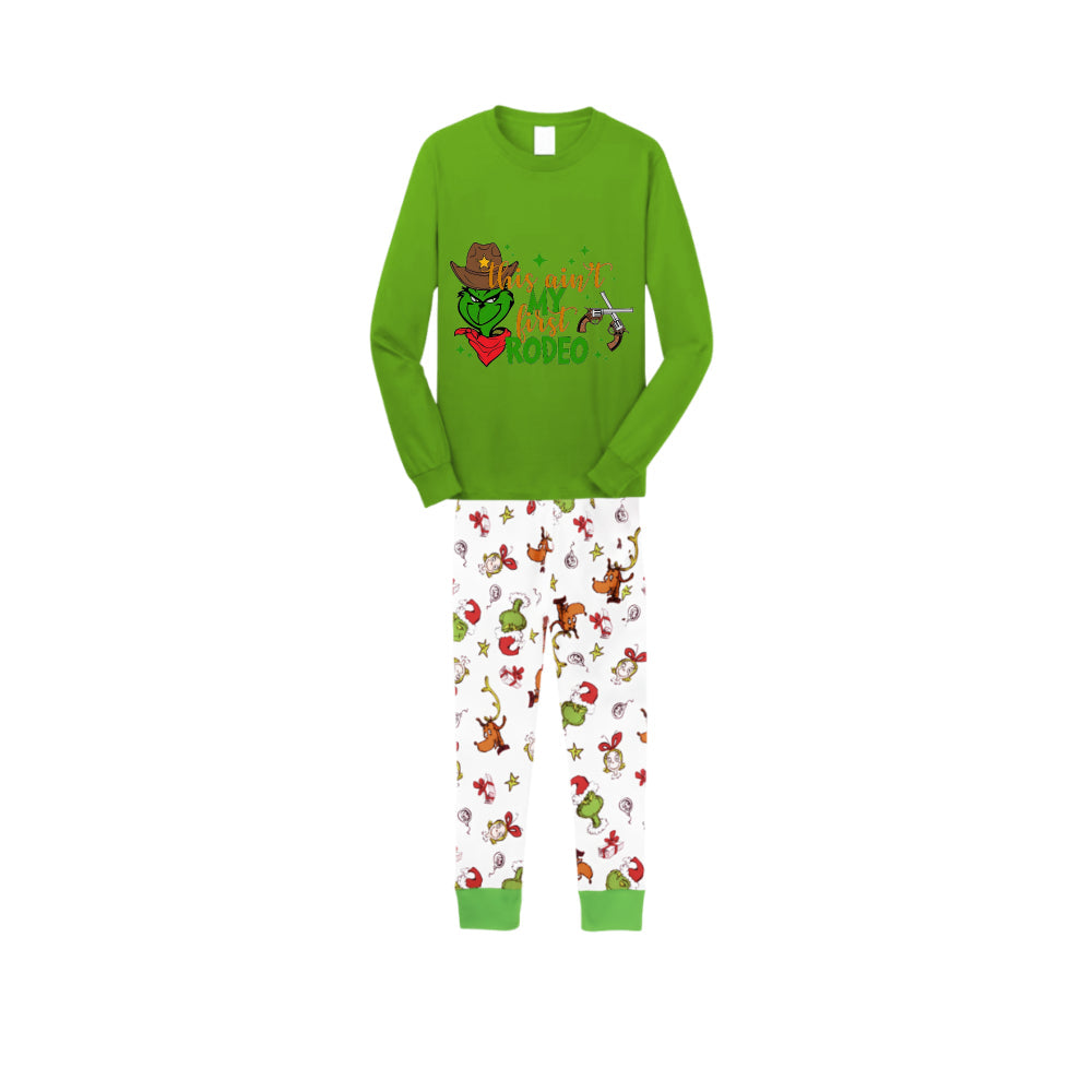 Christmas Family Matching Pajamas-Green Top and Grinch Pants Pjs Set with Grinch and "This Ain't My First Rodeo" Print