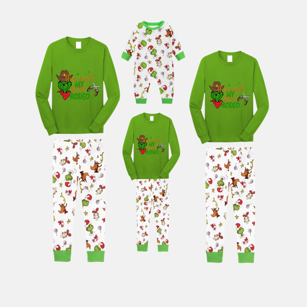 Christmas Family Matching Pajamas-Green Top and Grinch Pants Pjs Set with Grinch and "This Ain't My First Rodeo" Print
