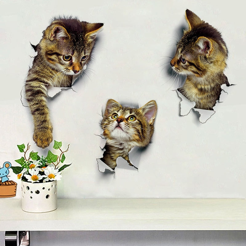 Cat Vivid 3D Smashed Switch Wall Sticker Bathroom Toilet Kicthen Decorative