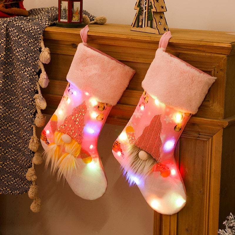Christmas Stocking Pink with Glowing LED Lights