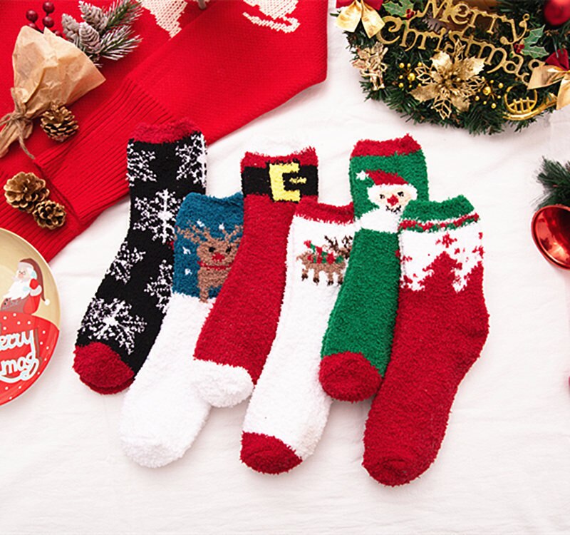 Christmas Women's Socks Coral Fleece Floor Cute Socks 6 pcs
