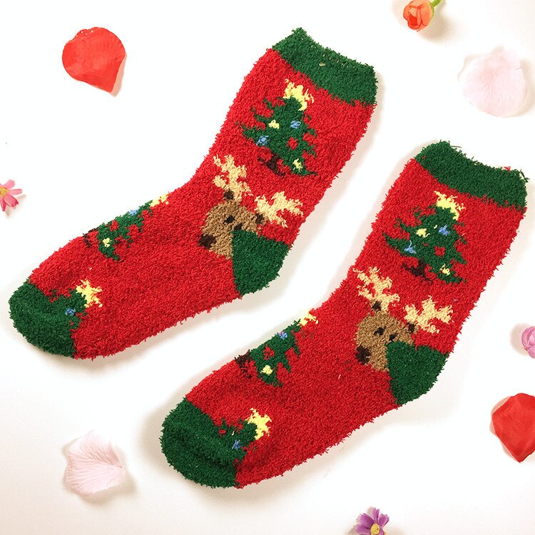 Christmas Women's Socks Coral Fleece Floor Cute Socks 6 pcs