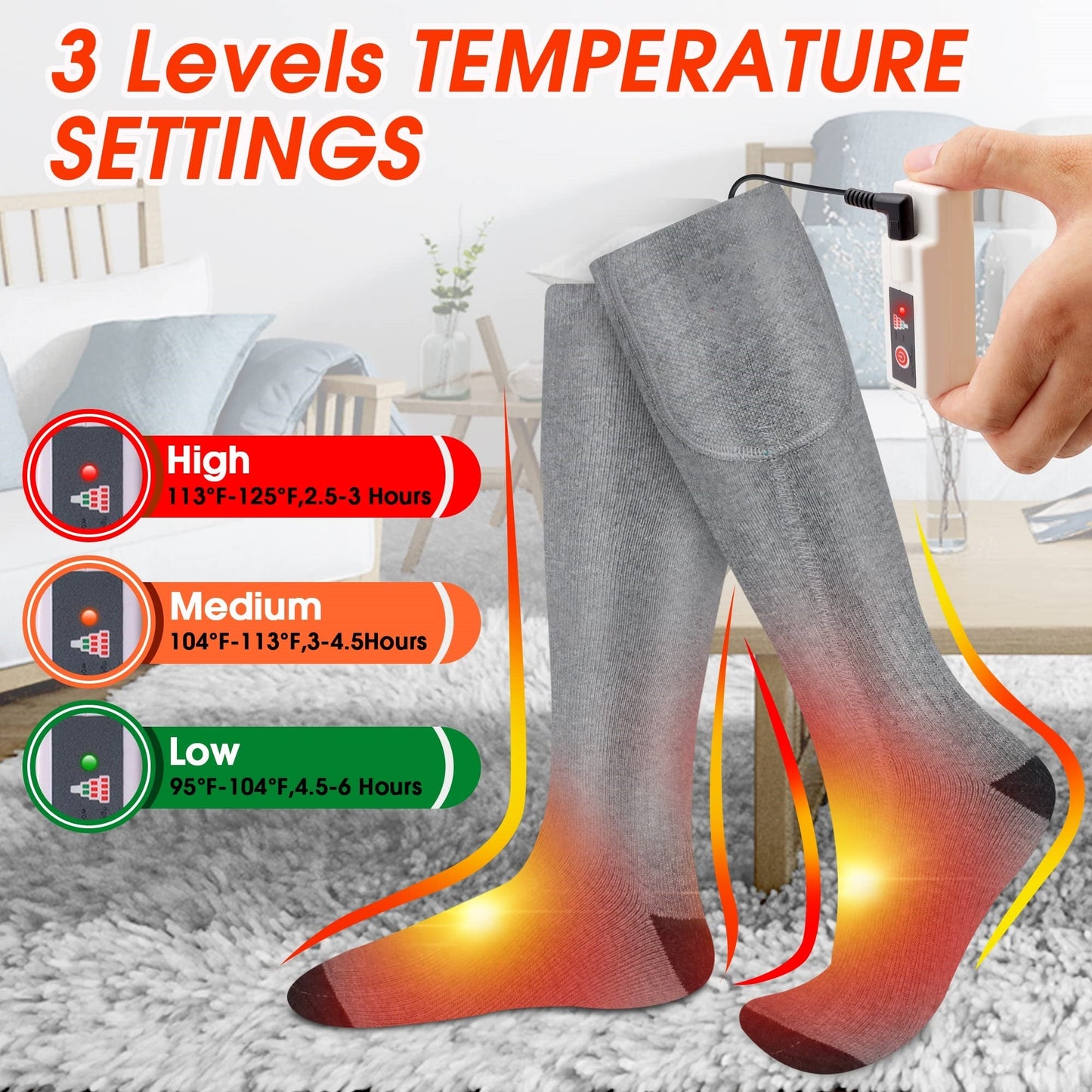 Women Men Rechargeable Machine Washable 4000mAh Heated Socks