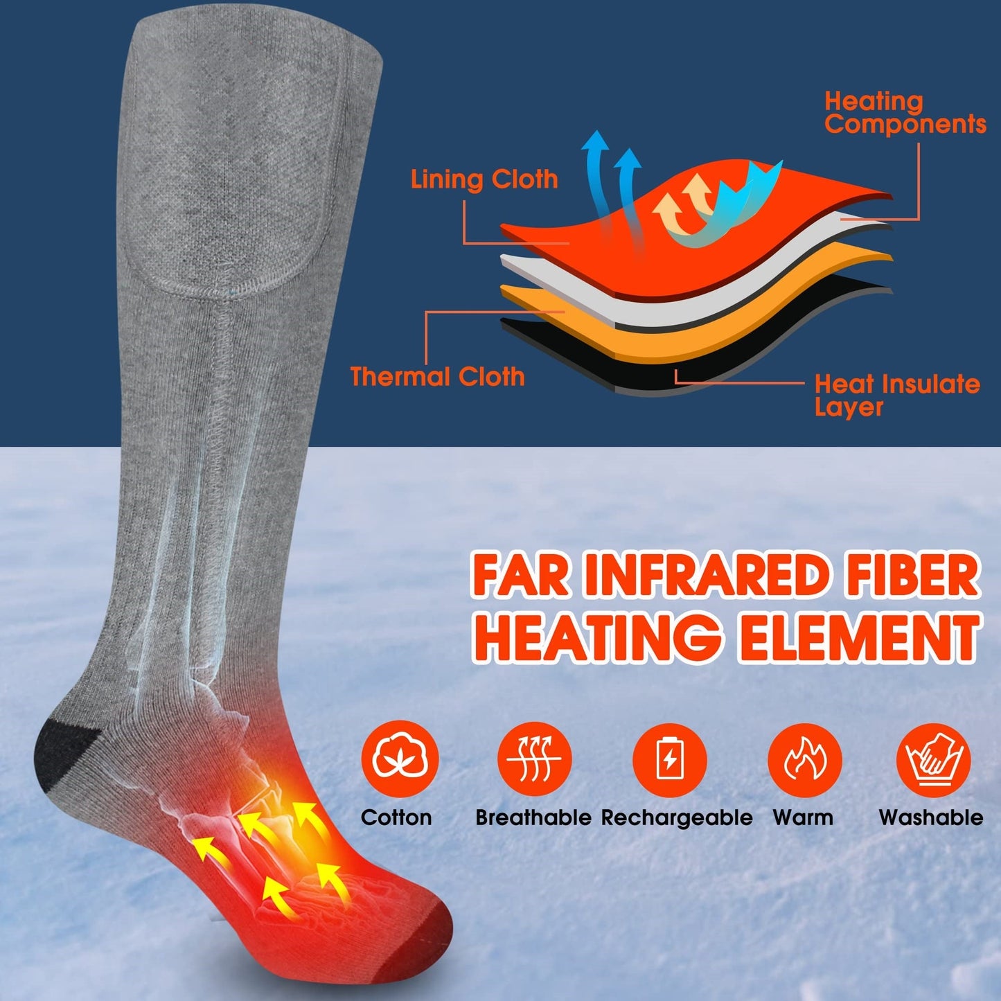 Women Men Rechargeable Machine Washable 4000mAh Heated Socks