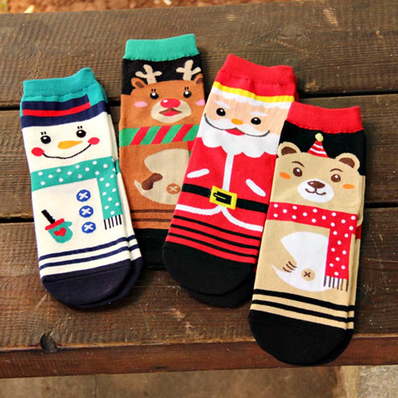 Christmas Female Cartoon Santa Elk Happy Socks 4 Designs Moose Funny Winter Ankle Cotton Socks