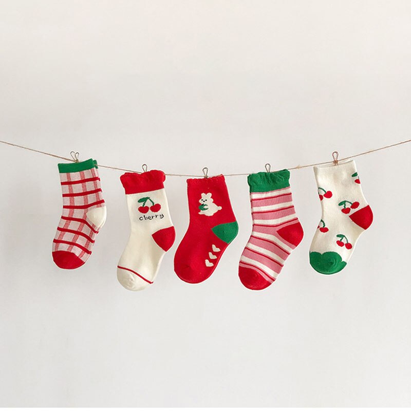 Girls Kids Cherry Print Cartoon Striped Lace Cute Soft Cotton Socks 5 Pcs
