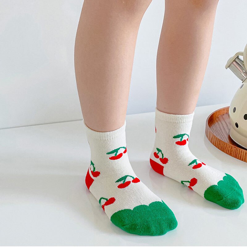 Girls Kids Cherry Print Cartoon Striped Lace Cute Soft Cotton Socks 5 Pcs