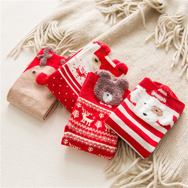 Women kids Winter Christmas Socks David's Deer Cotton Cartoon 4pcs