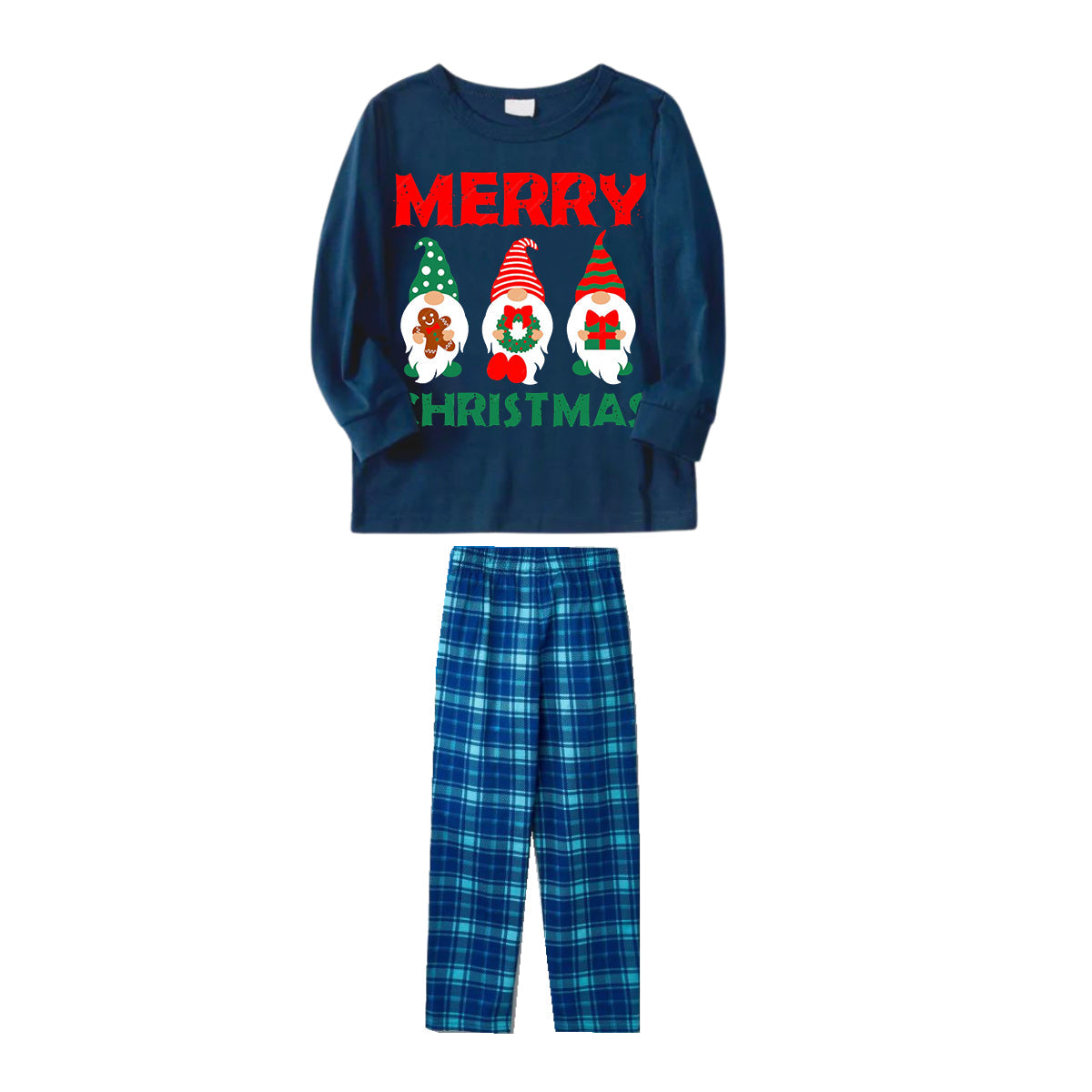 Christmas Elf Pattern Blue Long Sleeve Top With Blue Plaid Family Matching Pajamas