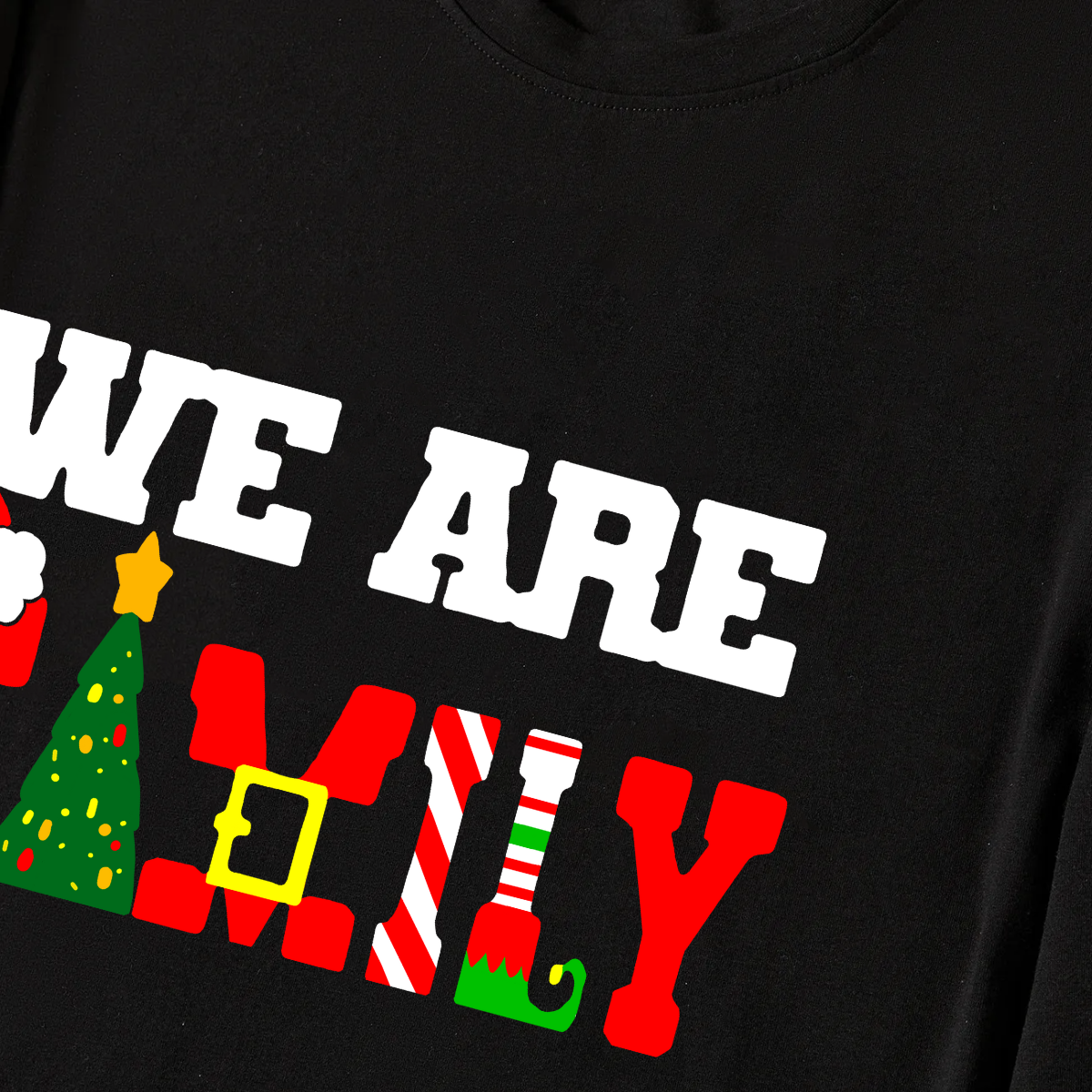 Christmas "We are Family" Text Print Black Long Sleeve Top with Red & White & Green Plaid Family Matching Pajamas