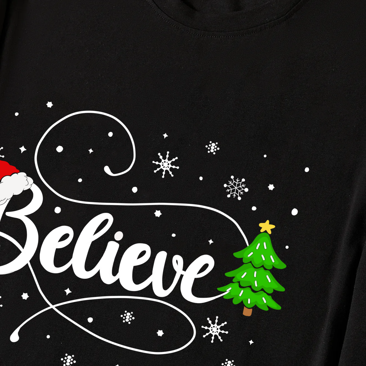 Christmas "Believe" Text and Tree Print Black Long Sleeve Top with Red & White & Green Plaid Family Matching Pajamas