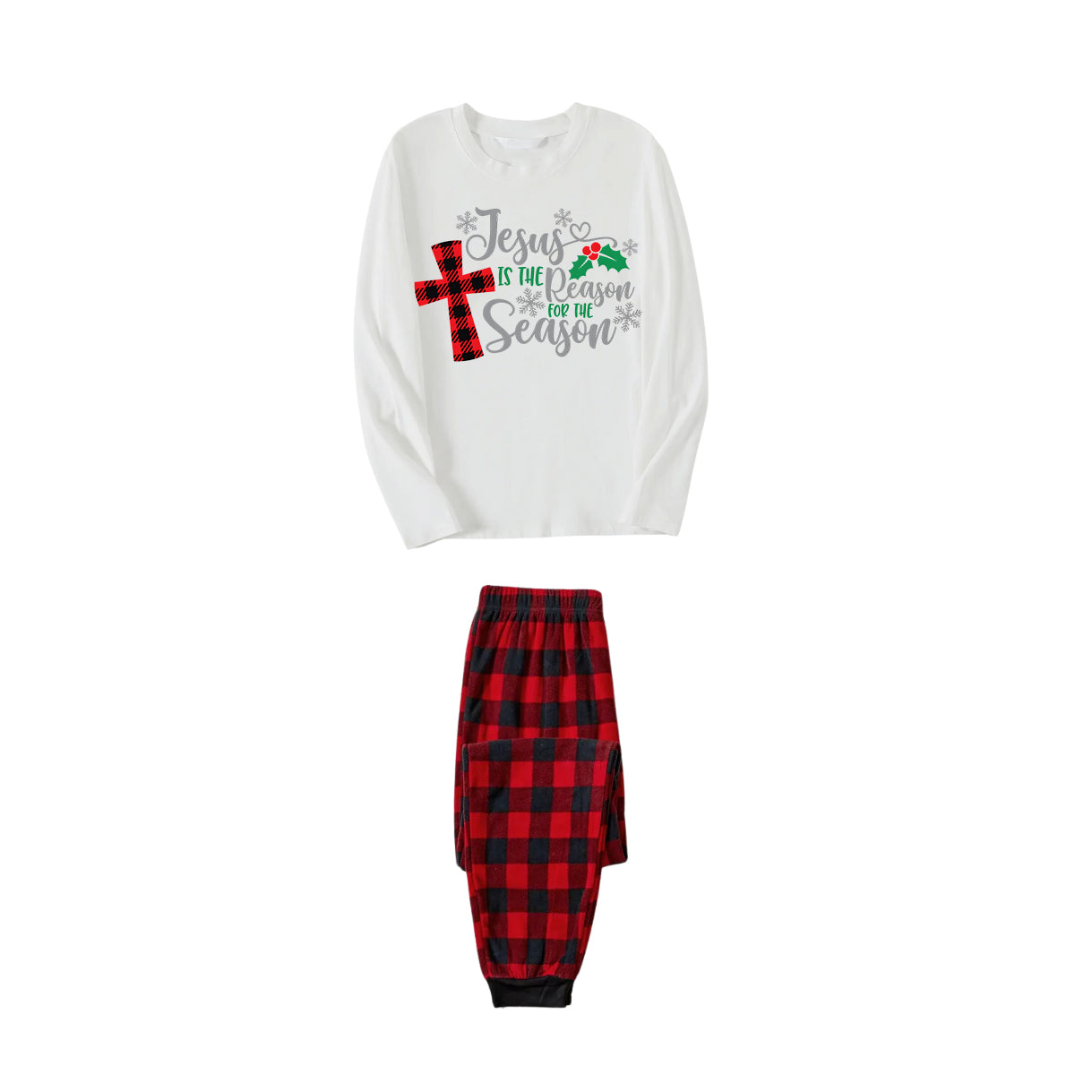 Christmas "Jesus is the Reason of the Season" Letter Print Patterned White Long Sleeve with Black&Red Plaid Pants Family Matching Pajamas