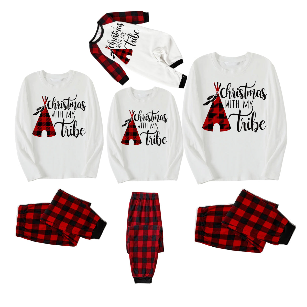 "Christmas With My Tribe" Pattern White Long Sleeve with Black&Red Plaid Pants Family Matching Pajamas