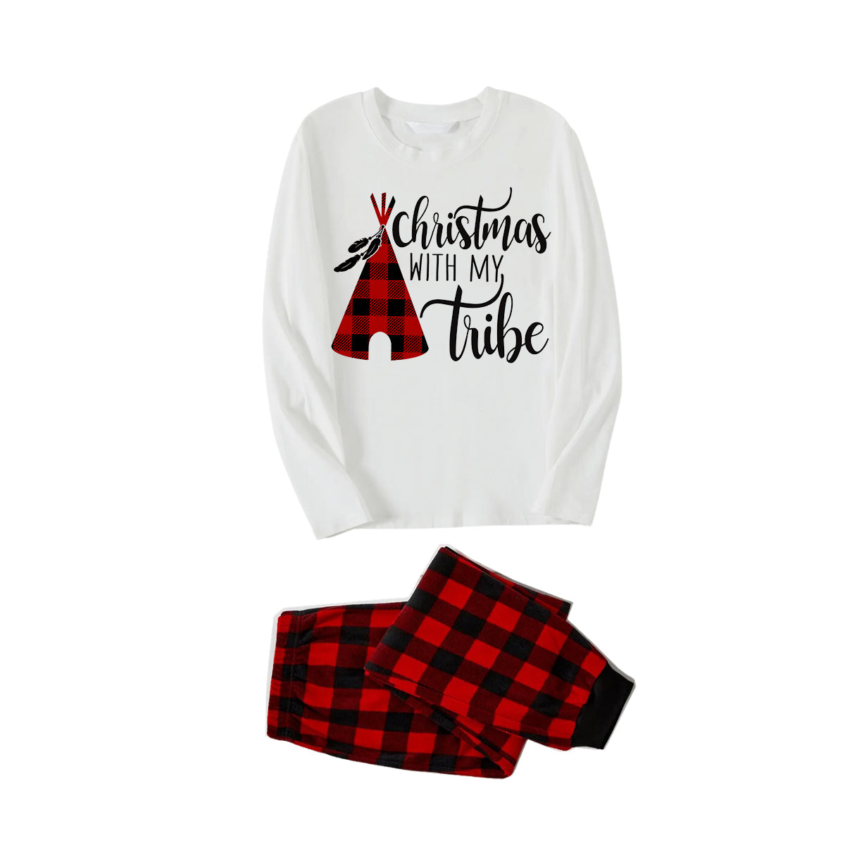 "Christmas With My Tribe" Pattern White Long Sleeve with Black&Red Plaid Pants Family Matching Pajamas