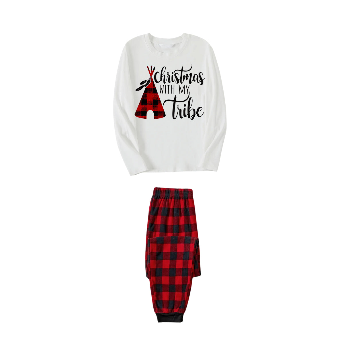 "Christmas With My Tribe" Pattern White Long Sleeve with Black&Red Plaid Pants Family Matching Pajamas