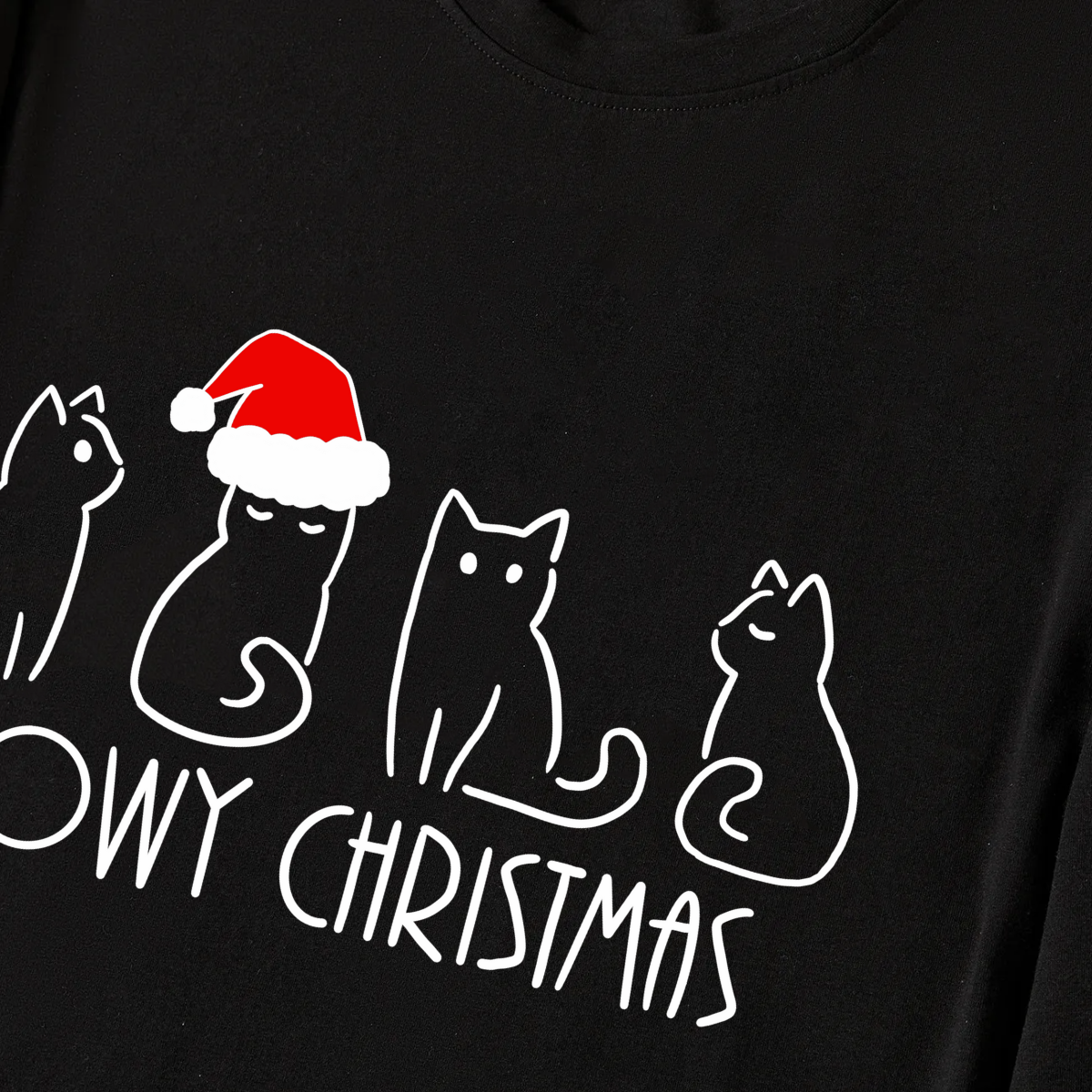 Christmas Cat Print Black Long Sleeve Top with Red & White & Green Plaid Family Matching Pajamas