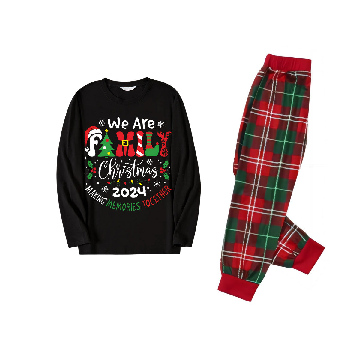 "We are Family" 2024 Christmas Wreath - Black Top with Red & Green Plaid Pants Family Matching Pajama