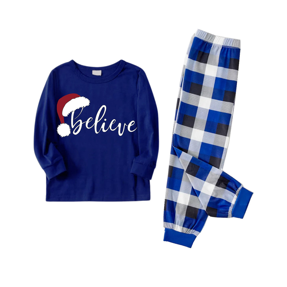 Stylish White Letter Print "Believe" Blue Long Sleeves with Blue&White&Black Plaid Pants Family Matching Pajamas