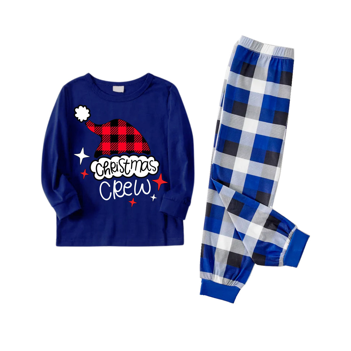 Plaid Santa Hat Pattern Blue Long Sleeves with Blue&White&Black Plaid Pants Family Matching Pajamas