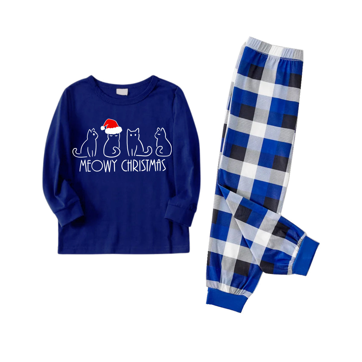 White Cute Head Christmas Hat Cat Pattern Blue Long Sleeves with Blue&White&Black Plaid Pants Family Matching Pajamas